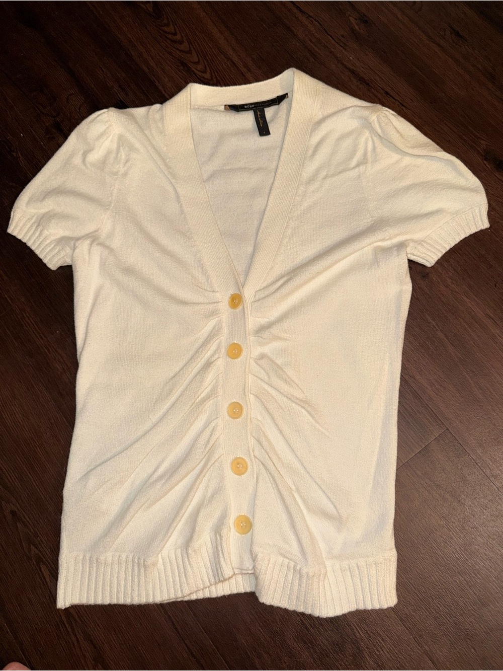 Y2K BCBG Max Azria White Ruched Button Front Puff Sleeve Knit Cardigan Top
